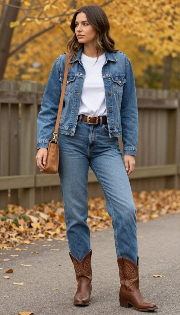 1. Classic Denim Jacket + White Tee + Brown Cowboy Boots