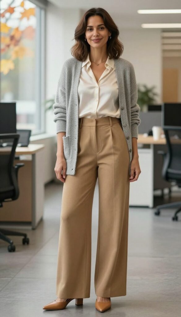 3. Cashmere Cardigan + Silk Blouse + Wide-Leg Pants + Mules