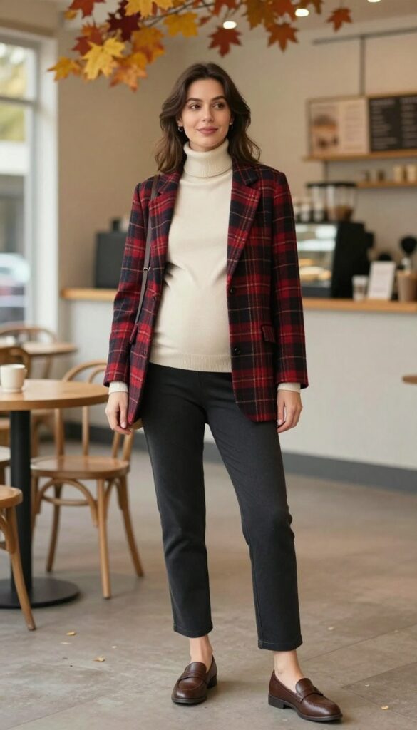 7. Plaid Blazer with a Maternity Turtleneck and Straight-Leg Pants