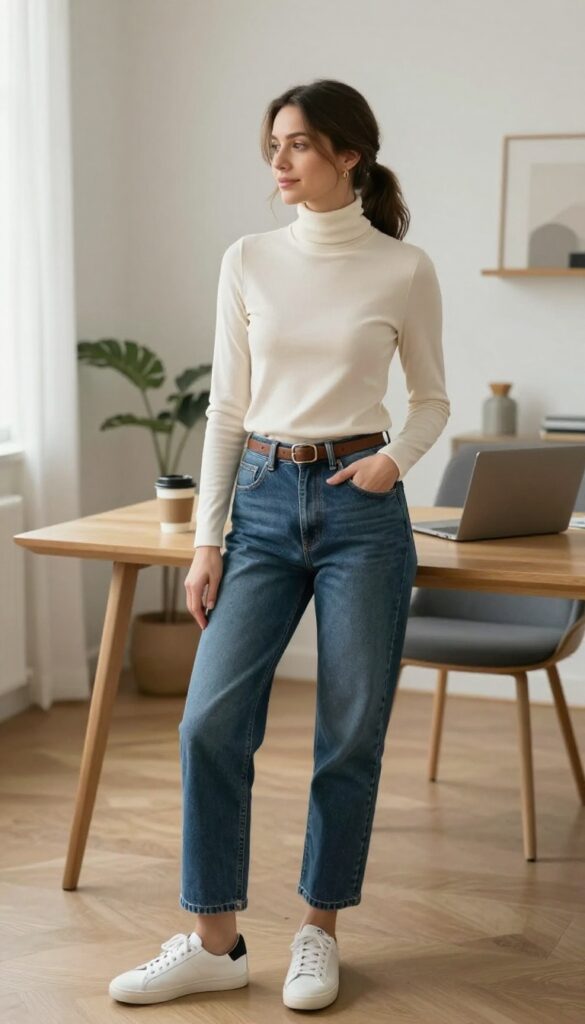 6. Turtleneck with High-Waisted Jeans