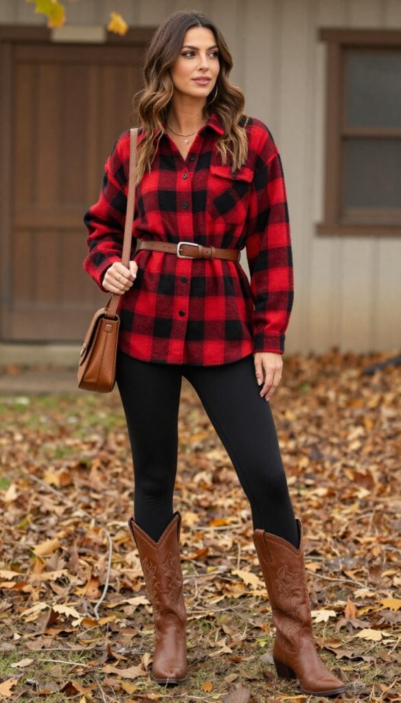 7. Oversized Flannel + Leggings + Tall Western Boots