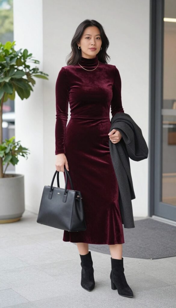 5. The High-Neck Midi Dress with Ankle Boots