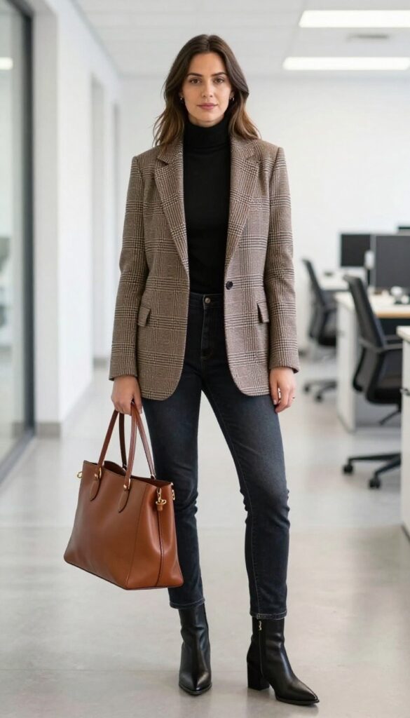 10. Plaid Blazer with a Turtleneck and Dark Denim