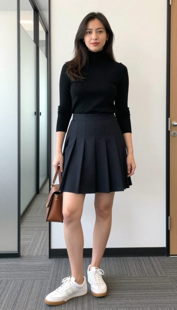 5. Pleated Midi Skirt + Turtleneck + Retro Sneakers