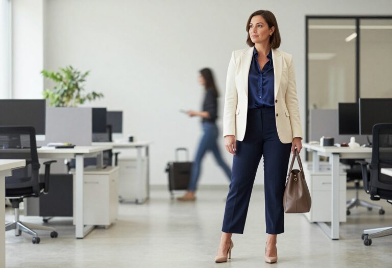 Woman in cream blazer and navy trousers standing in a modern office, professional corporate outfit