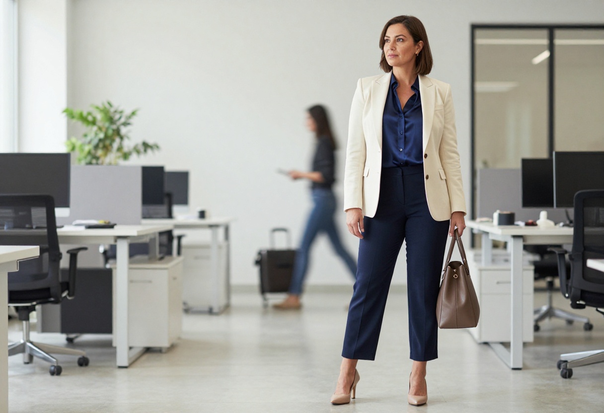 Woman in cream blazer and navy trousers standing in a modern office, professional corporate outfit