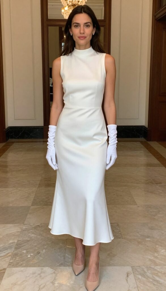 Woman in high-neck A-line mikado silk wedding dress with long white opera gloves, standing in a grand ballroom