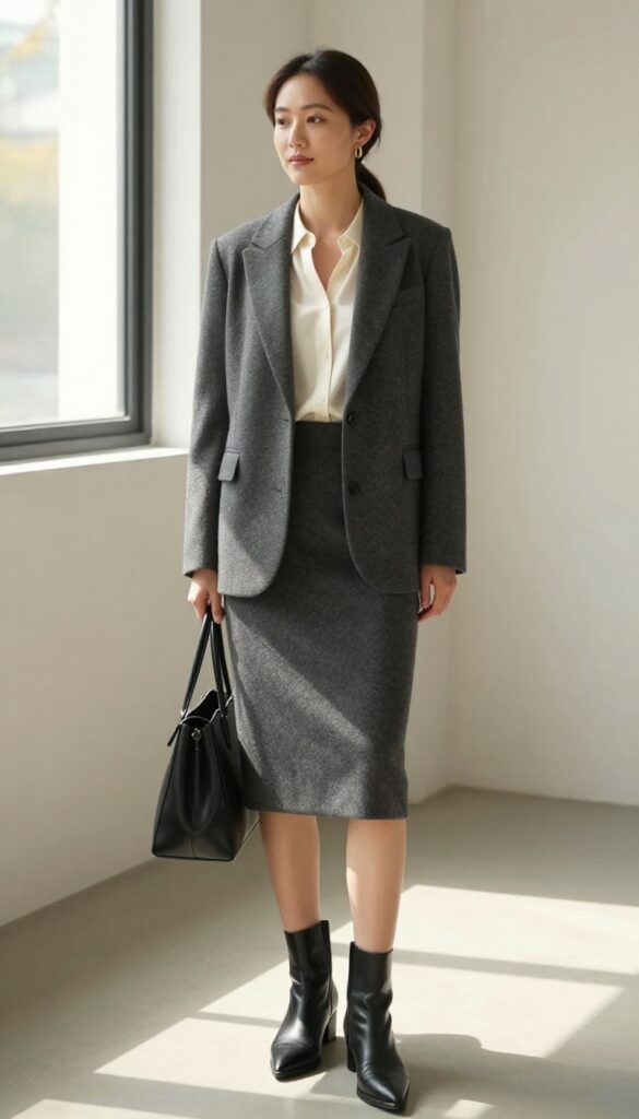 7. Pencil Skirt with Pointed-Toe Booties and a Blazer