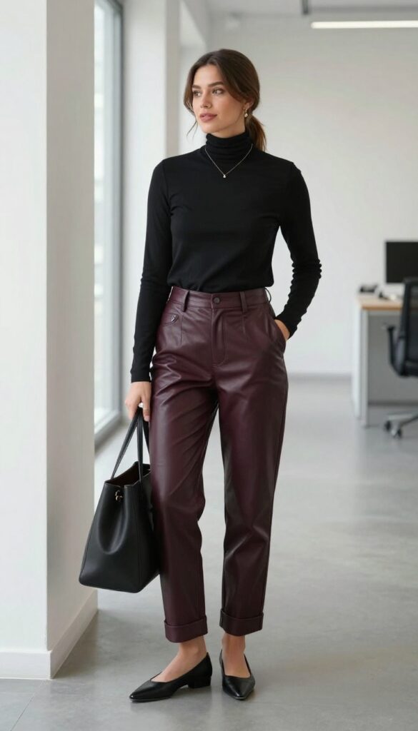 5. Turtleneck + Leather Trousers + Pointed Flats