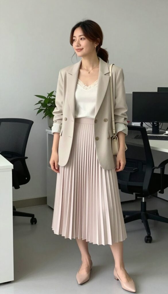 4. Beige Blazer + Lace-Trim Cami + Pleated Midi Skirt + Pointed Flats