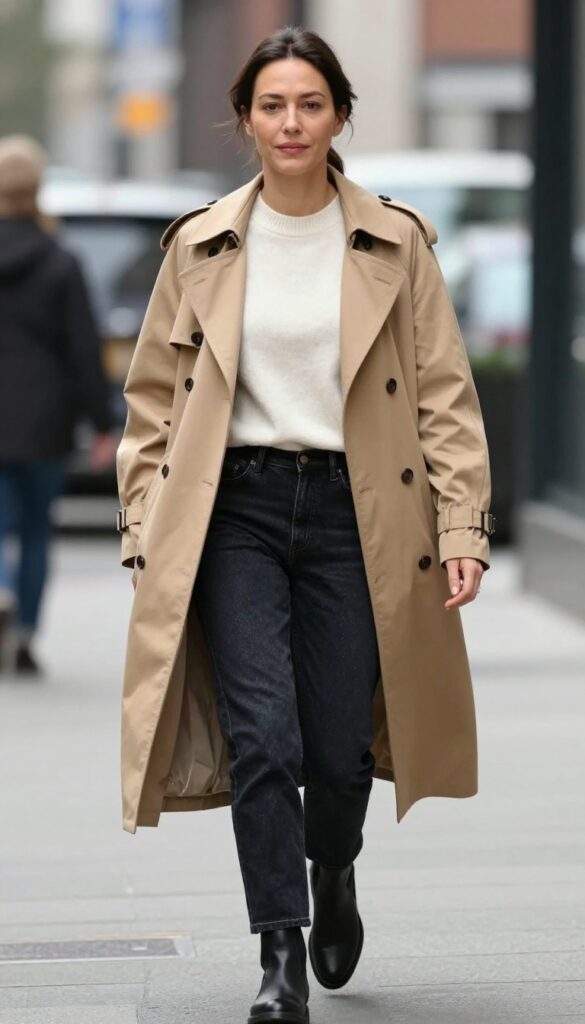 13. Trench Coat + Knit + Dark Denim + Ankle Boots
