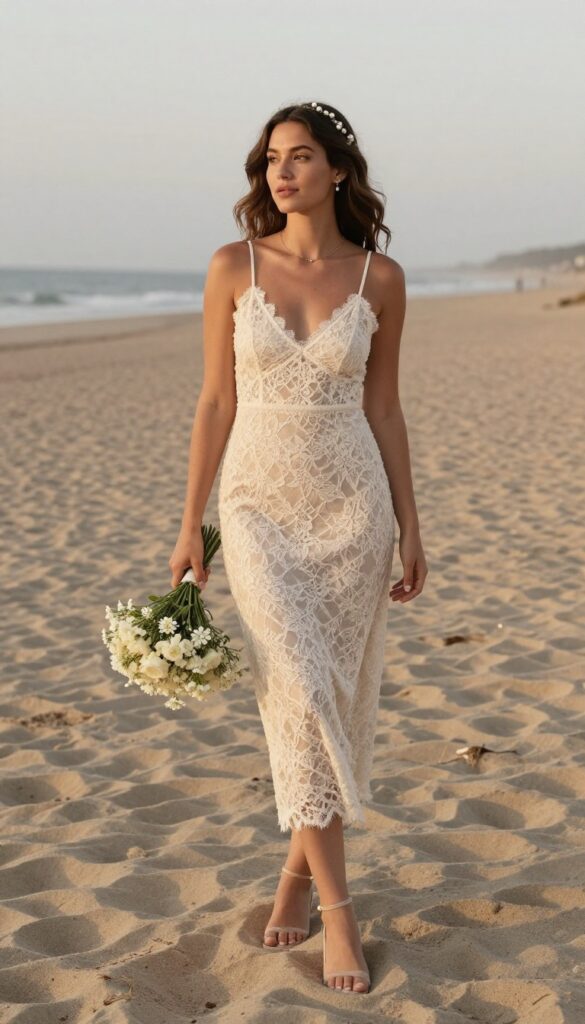 Young adult woman in ivory lace slip dress with sheer strappy heels, barefoot on beach at sunset, holding white bouquet, natural makeup and soft waves, relaxed wedding inspiration.