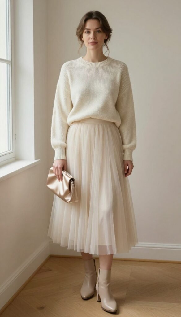 Woman in ivory tulle skirt and cream cashmere sweater with nude ankle boots and champagne clutch
