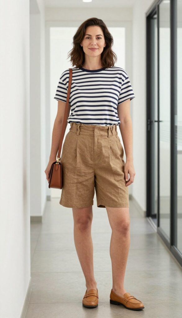 8. Brown Paperbag Waist Shorts with a Striped Top