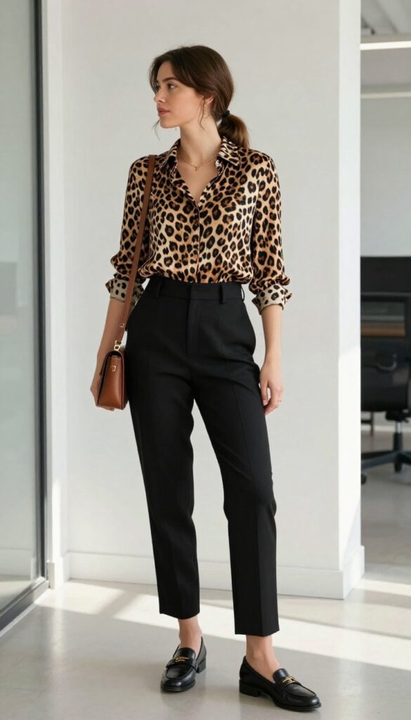 3. Silk Blouse + Tailored Trousers + Loafers