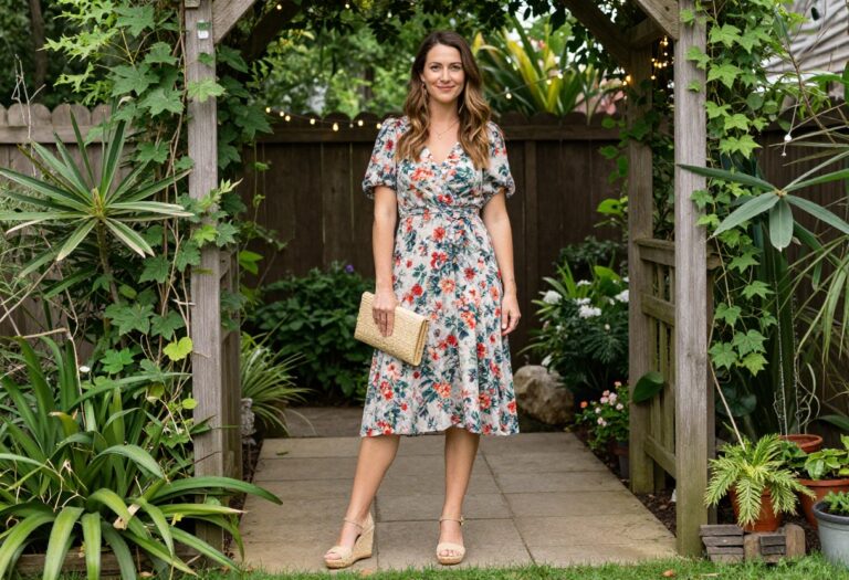 Woman in floral midi dress and wedges at backyard wedding
