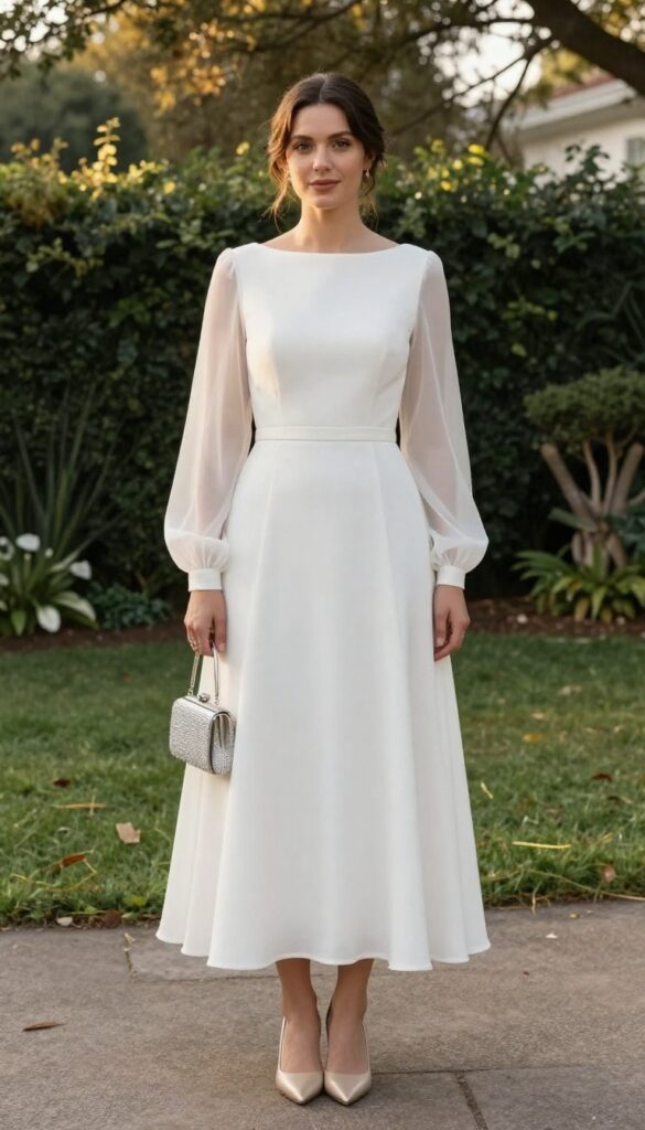 Woman in peach boat neck wedding dress with sheer sleeves, holding crystal clutch, standing in garden at golden hour