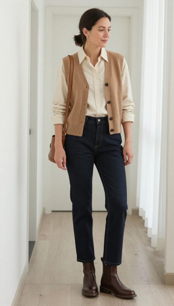8. Knit Vest + Button-Down + Bootcut Jeans + Chelsea Boots