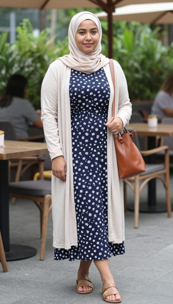 1. Flowy Midi Dress with a Long Cardigan