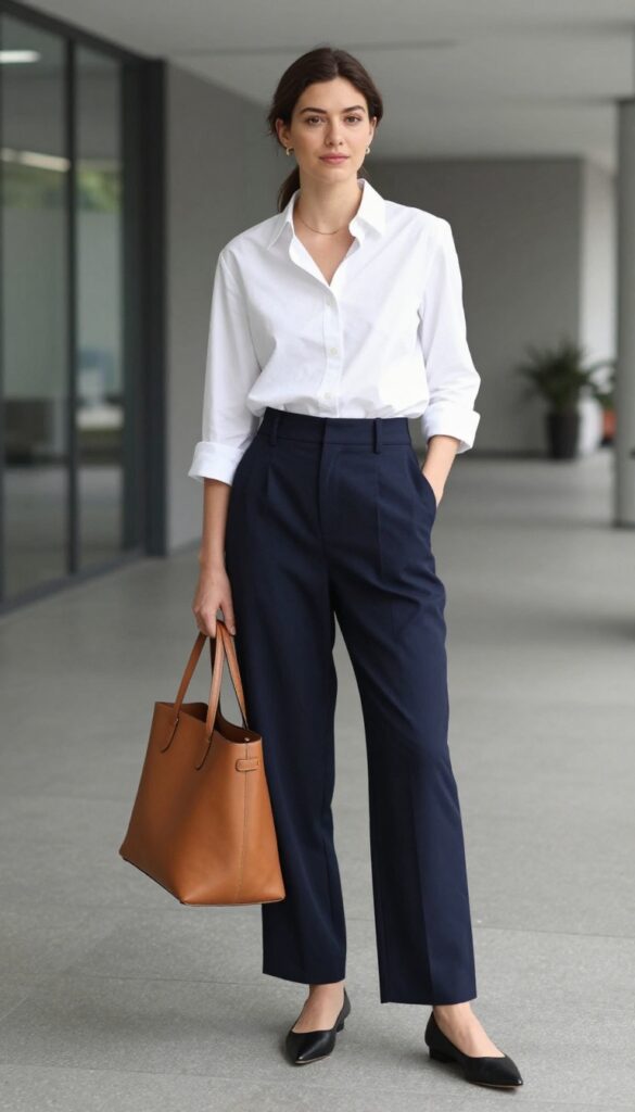 3. The Button-Down Shirt with Wide-Leg Trousers