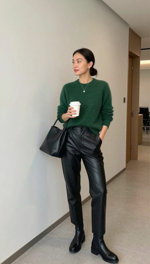 12. Dark Green Sweater + Black Leather Trousers + Ankle Boots