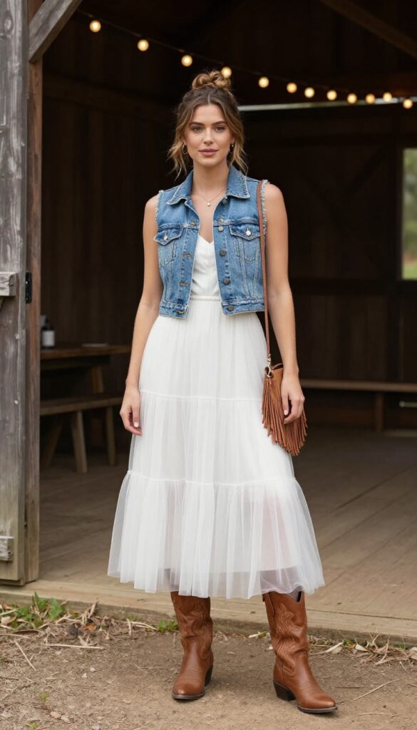 Woman in sleeveless tulle wedding dress with denim vest and cowboy boots at barn wedding