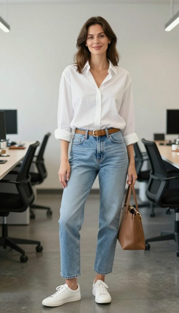 2. White Button-Down + Boyfriend Jeans + Sneakers