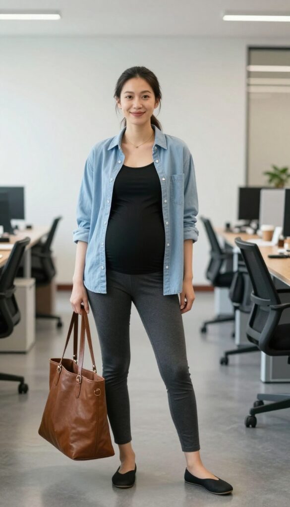 3. Button-Down Shirt (Unbuttoned) Over a Maternity Tank
