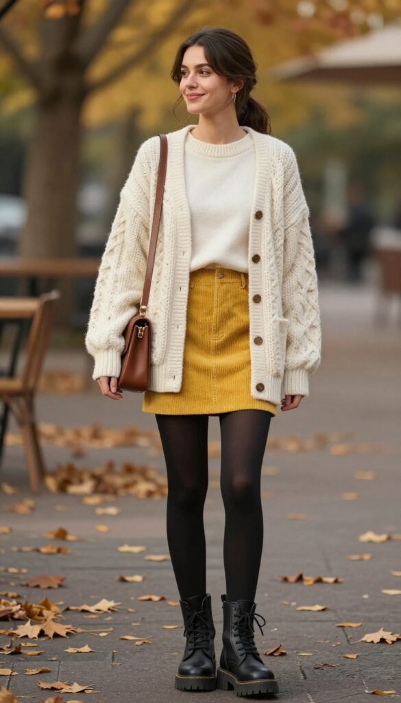 8. Corduroy Mini Skirt with Lug-Sole Boots and an Oversized Cardigan