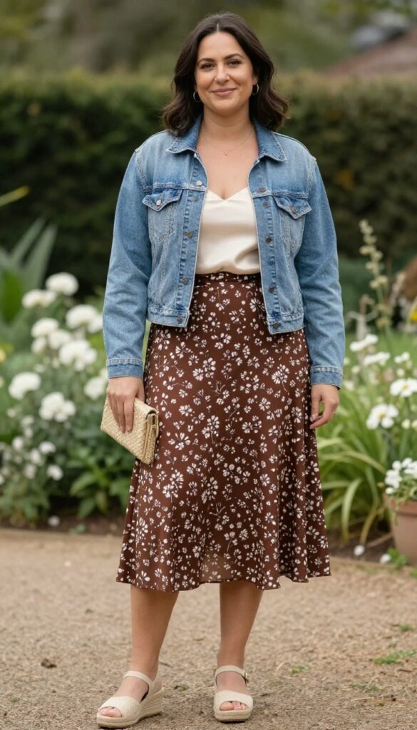 Woman in floral A-line skirt, silk camisole, and denim jacket at garden wedding