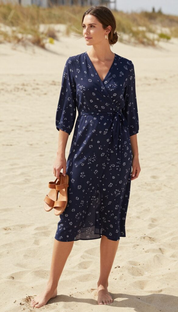 Woman in navy blue floral wrap dress on beach, holding sandals, gold hoops, sunset light