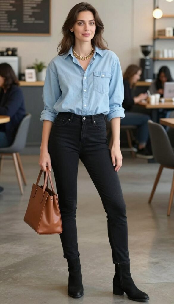 13. Chambray Shirt + Black Skinnies + Ankle Booties + Statement Necklace