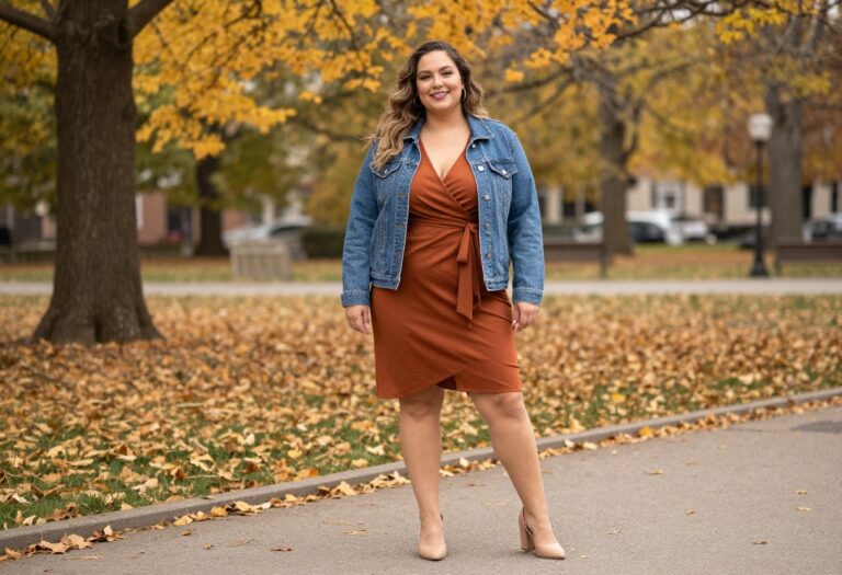 Plus size woman in rust wrap dress and denim jacket for family photo outfit idea