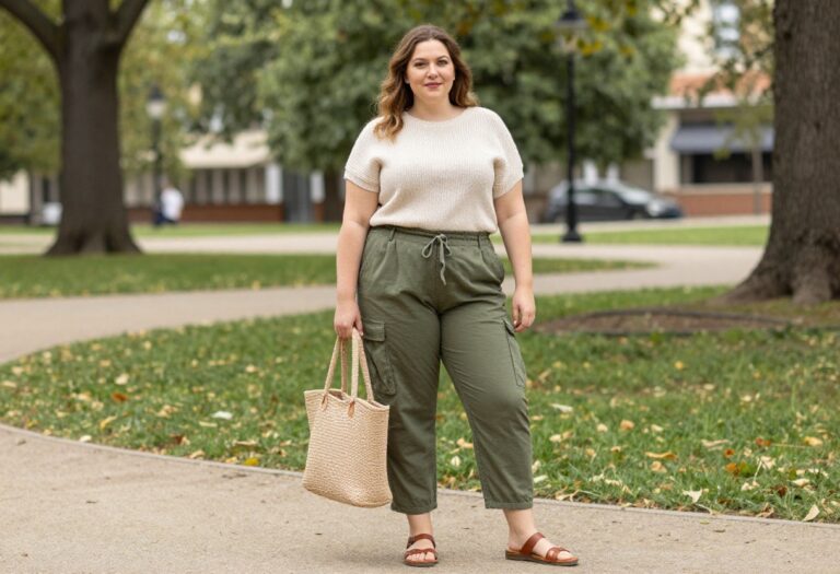 Plus size woman in olive cargo pants and cream knit top standing in a park