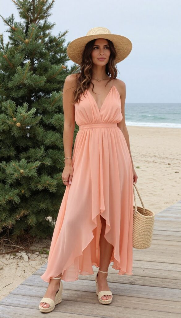 Woman in peach high-low wedding dress with espadrilles and straw hat on beach boardwalk