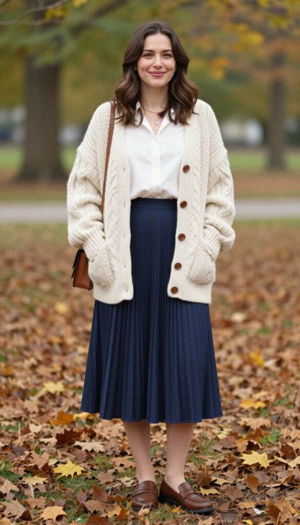 4. Cable Knit Cardigan and Pleated Skirt