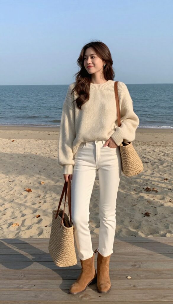 1. Oversized Knit Sweater and White Jeans