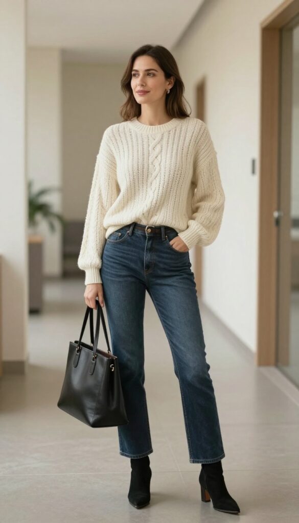7. Knit Sweater + Bootcut Jeans + Heeled Boots