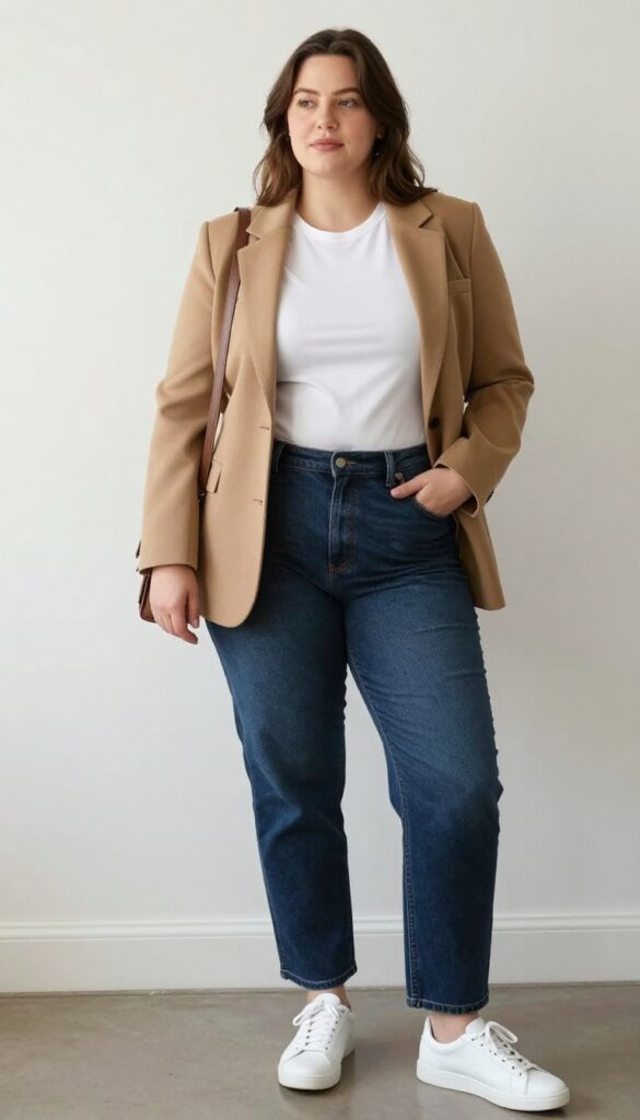 1. High-Waisted Jeans + Fitted Tee + Blazer