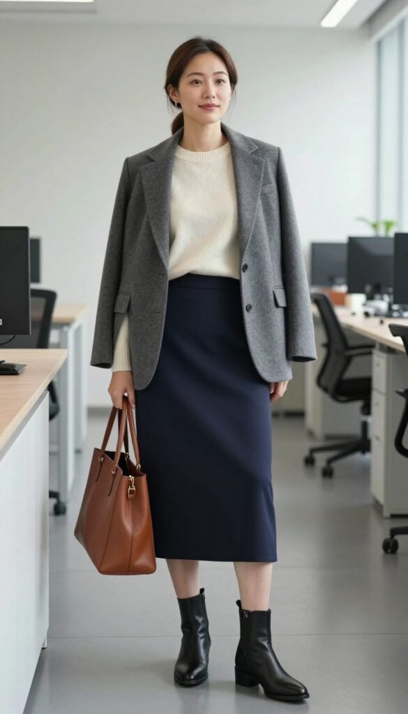 13. Blazer with Knit Top and Midi Skirt