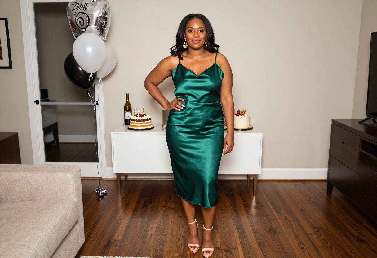 Plus size Black woman in emerald satin slip dress with gold earrings and heels, birthday outfit