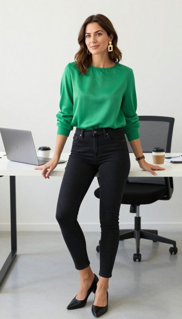 6. Blouse and Black Jeans with Statement Earrings
