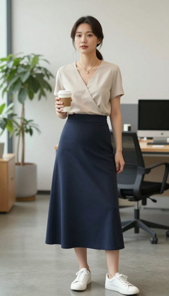 11. Nursing-Friendly Top with High-Waisted Skirt and Sneakers