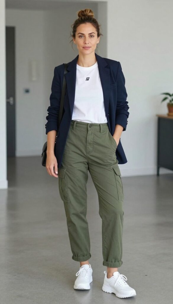 7. Blue Blazer + Graphic Tee + Cargo Pants + Chunky Sneakers