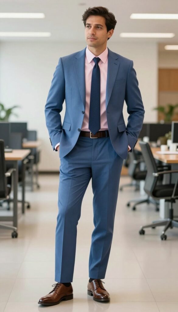 9. Blue Suit with a Pink Shirt and a Navy Tie