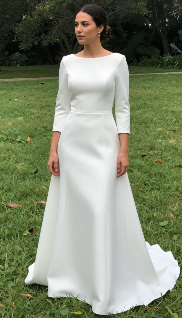 Woman in white wedding dress with flared three-quarter sleeves and detachable train flowing behind her on a grassy lawn, natural daylight, soft boho vibe.