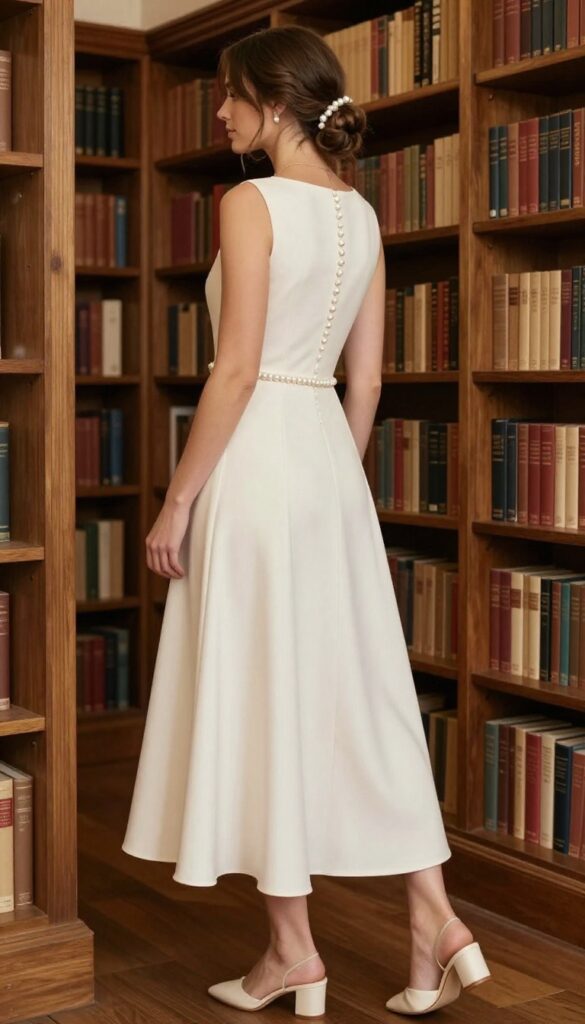 Bride in drop waist wedding dress with pearl accents standing in a library aisle.