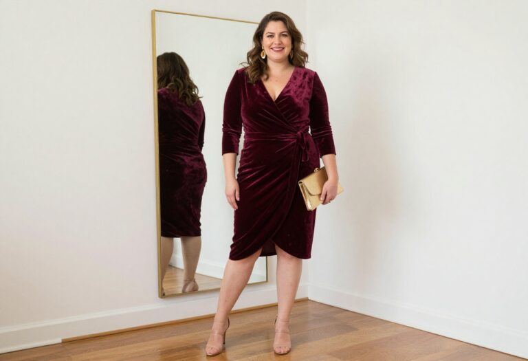 Plus size woman in burgundy velvet wrap dress with gold earrings and nude heels, posing in front of a mirror.