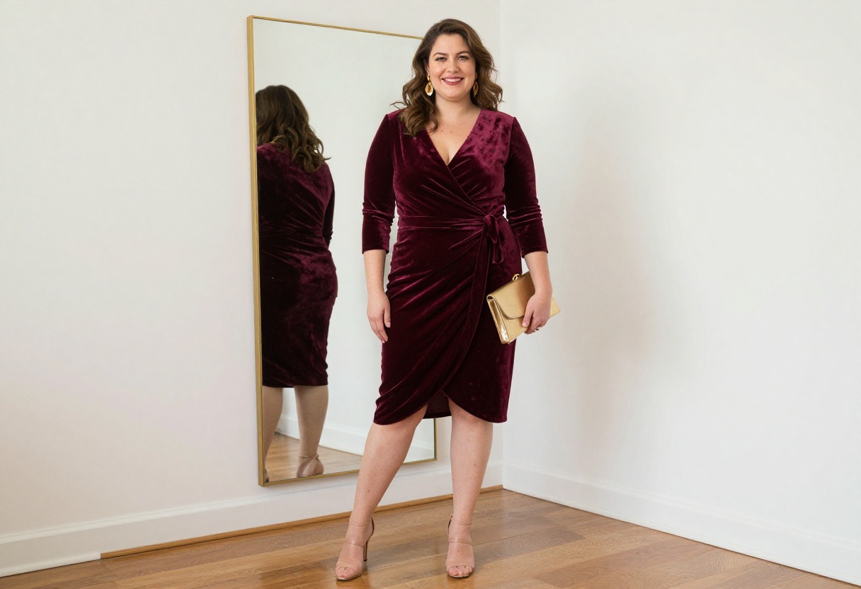 Plus size woman in burgundy velvet wrap dress with gold earrings and nude heels, posing in front of a mirror.