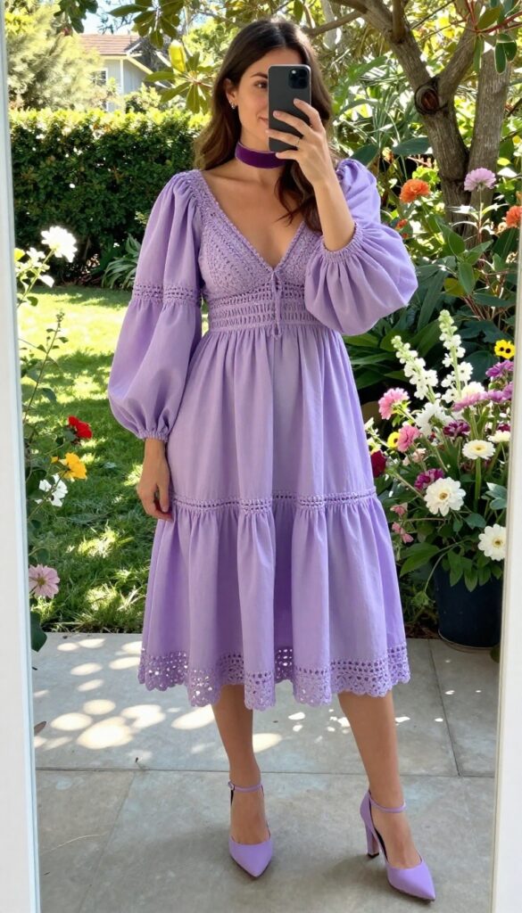 Adult woman with natural body proportions wearing a lavender crochet dress with balloon sleeves and a velvet choker, standing in a sunlit garden at a spring wedding.